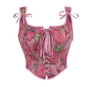 Women's Vintage Floral Corset Lace-Up Fishbone Print Vest Renaissance